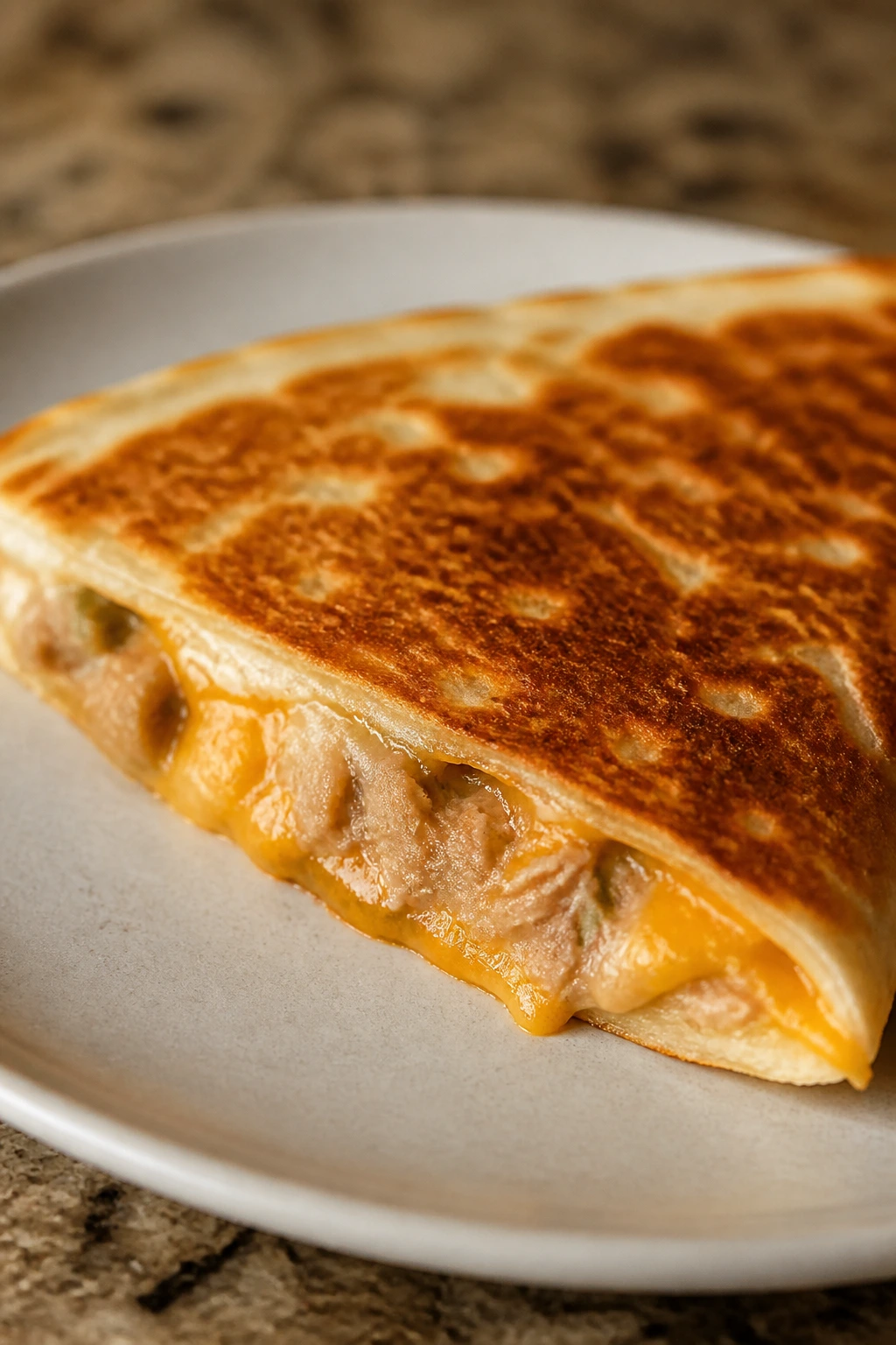 Close-up of tuna melt quesadilla wedge with melted cheese