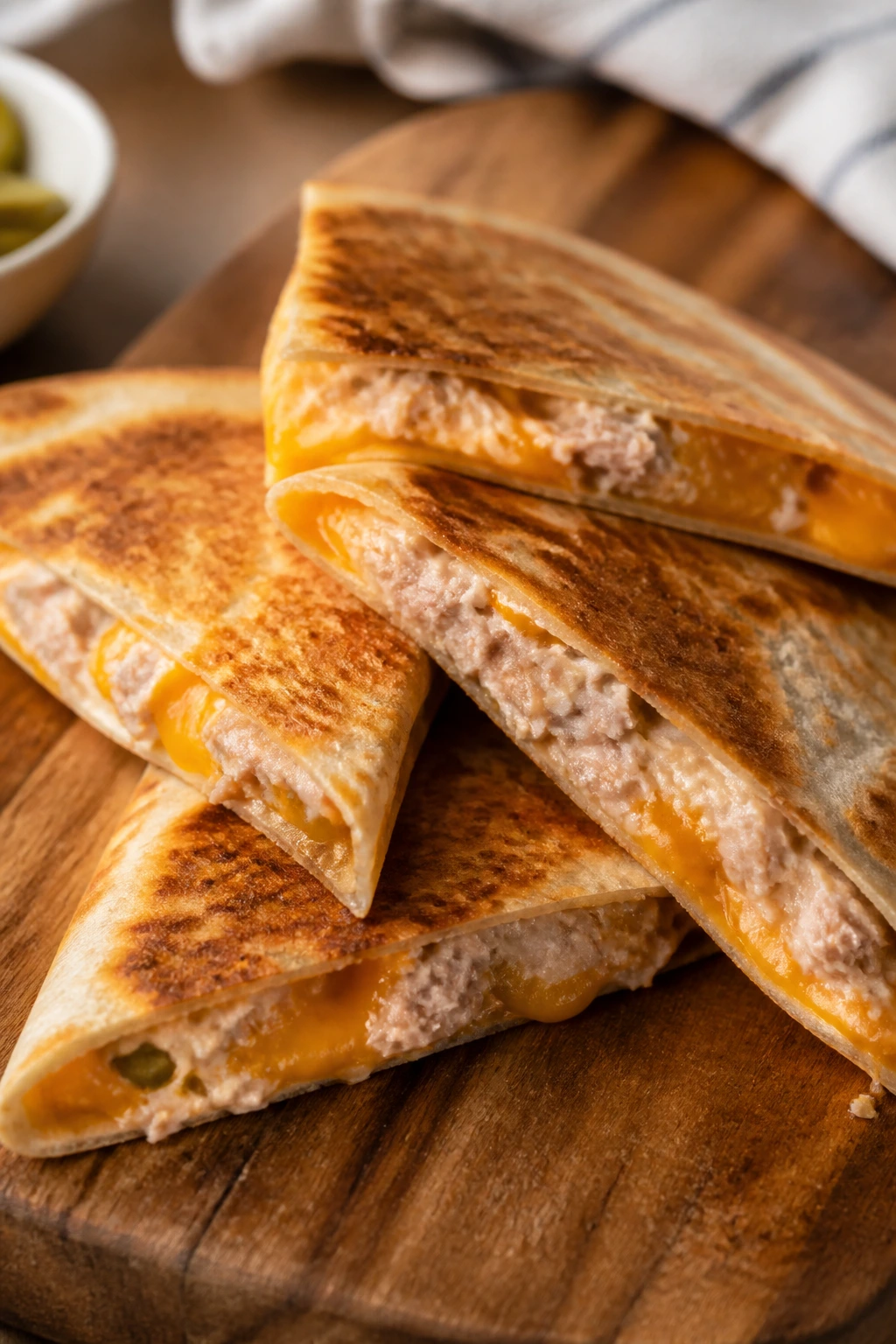 Quesadilla wedges with tuna melt on a wooden board