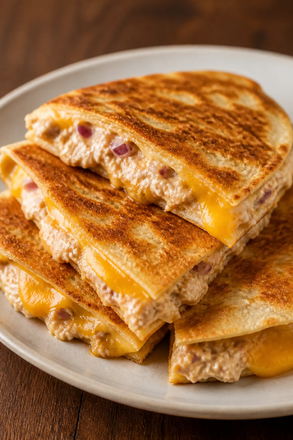 Close-up of tuna melt quesadillas on a plate