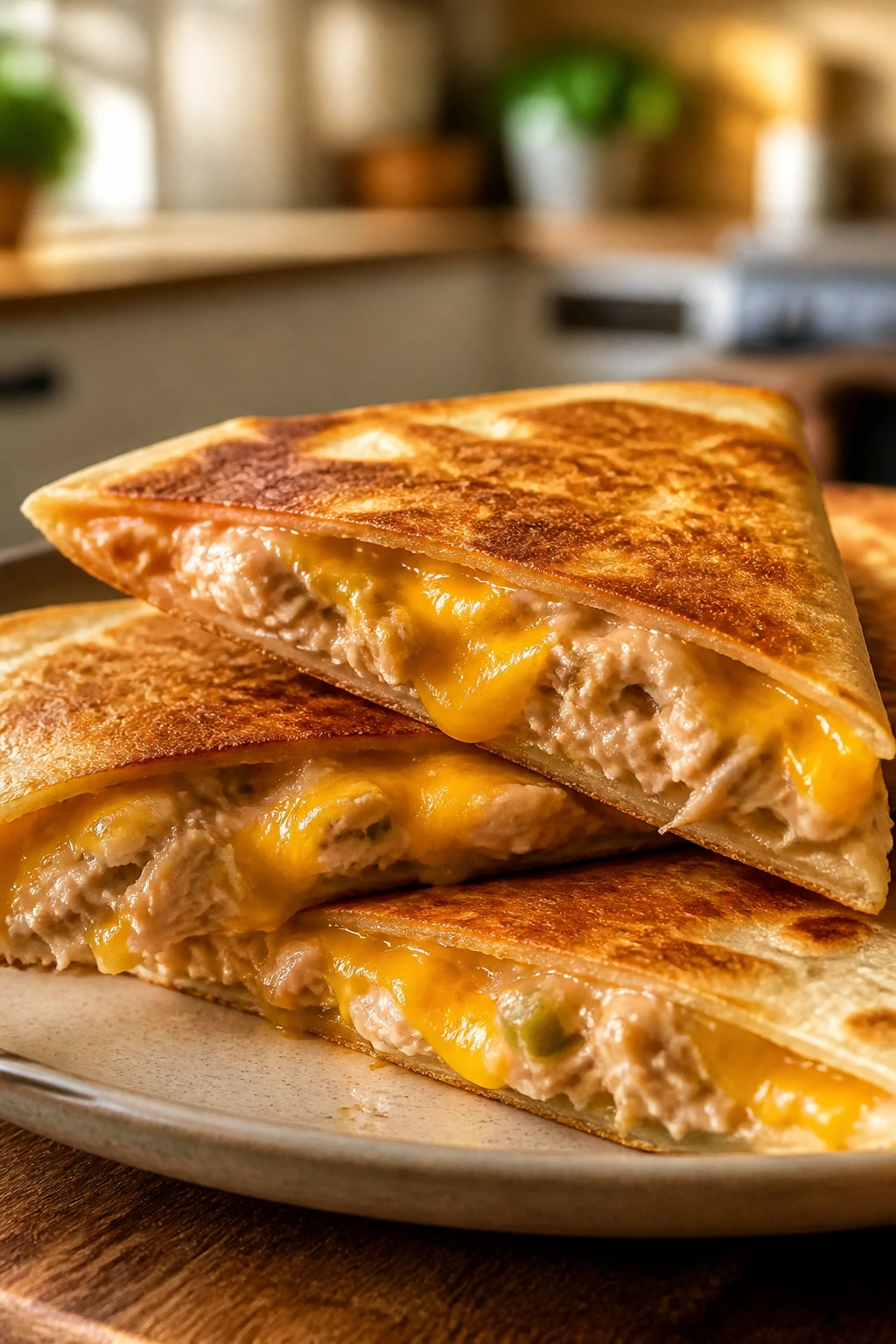 Quesadillas stuffed with tuna and cheddar on a plate