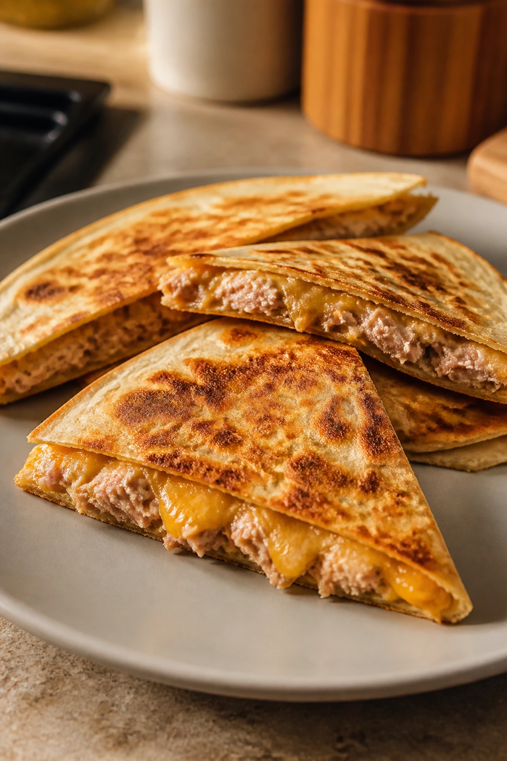 Quesadilla wedges with tuna and melted cheese