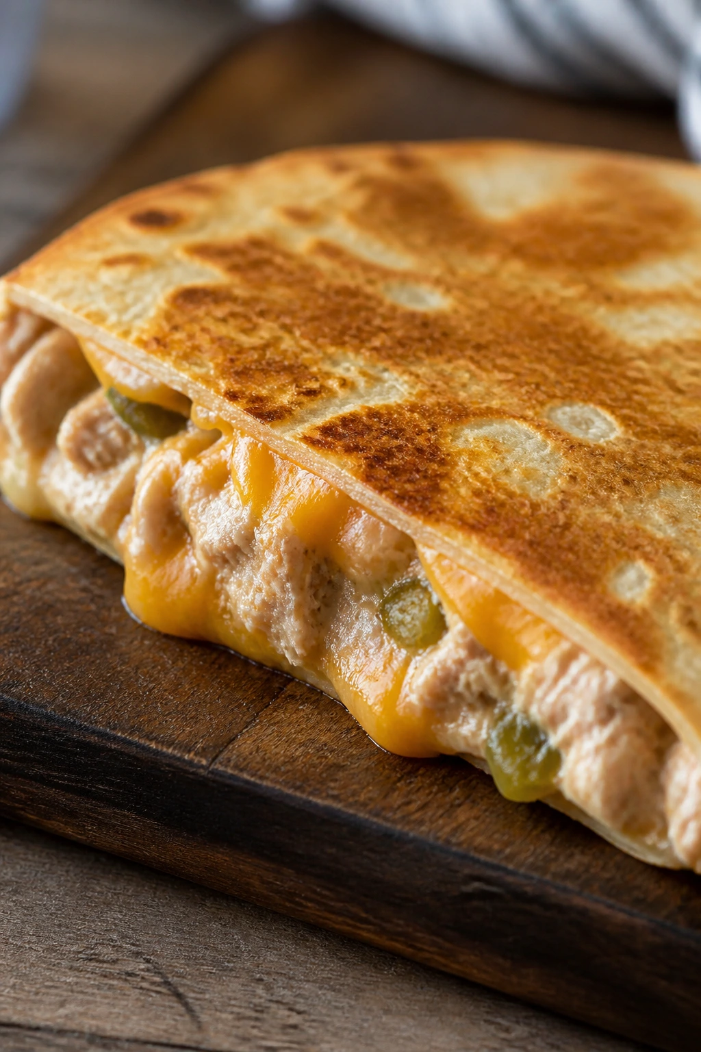 Close-up of a tuna melt quesadilla with melted cheese on a rustic board