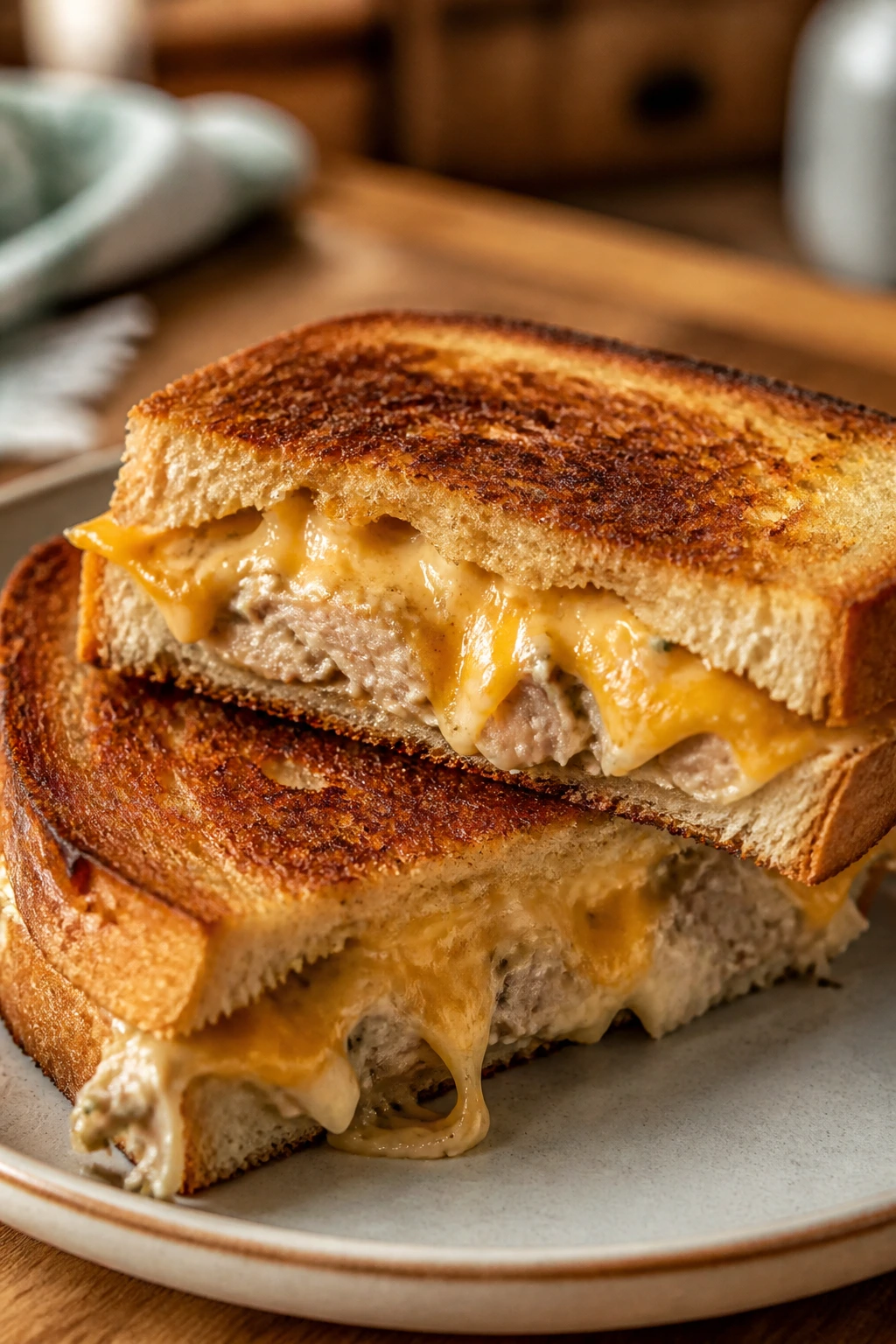 Hot tuna melt sandwich with melty cheese on toasted bread