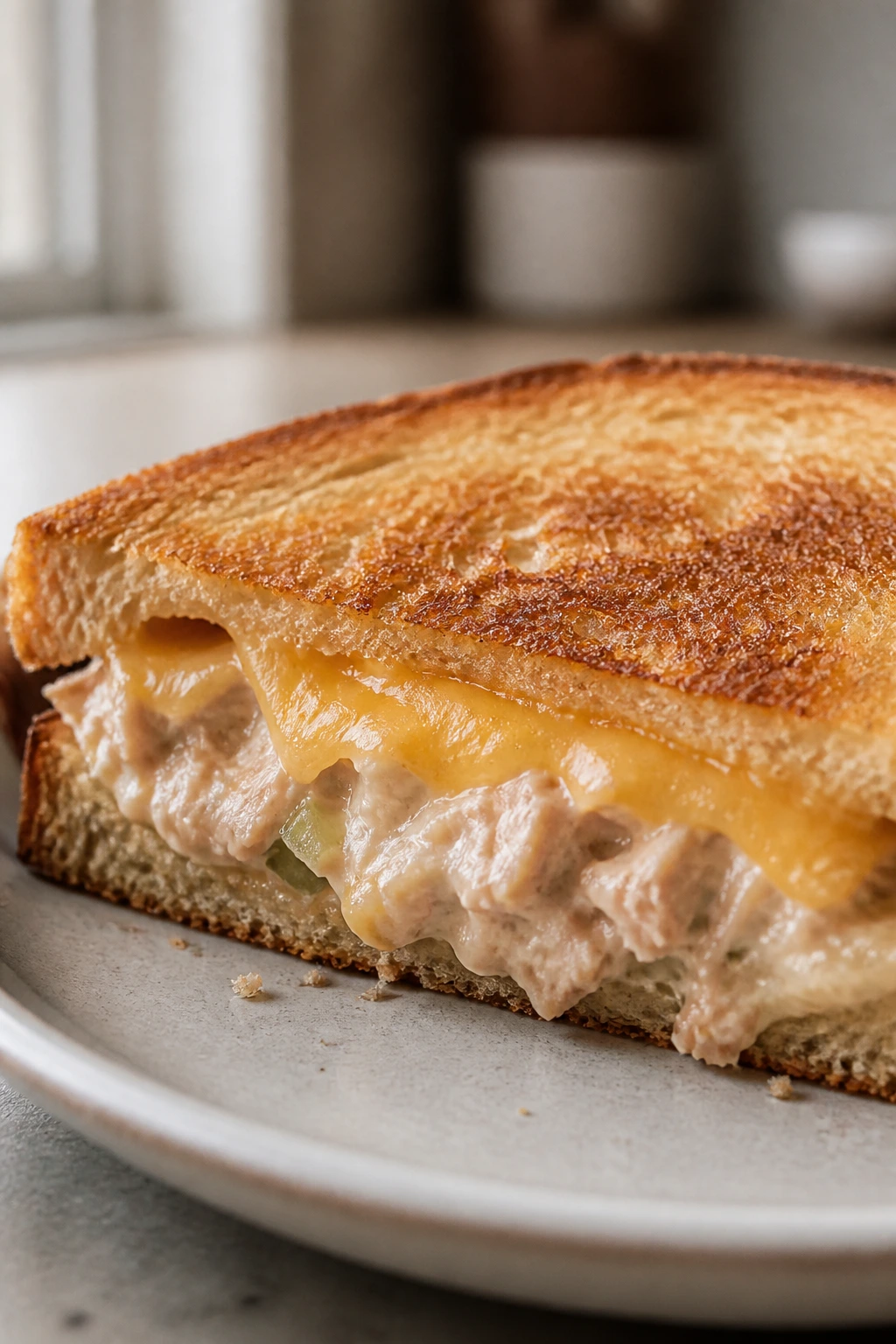 Close-up of a tuna melt sandwich half with melted cheese