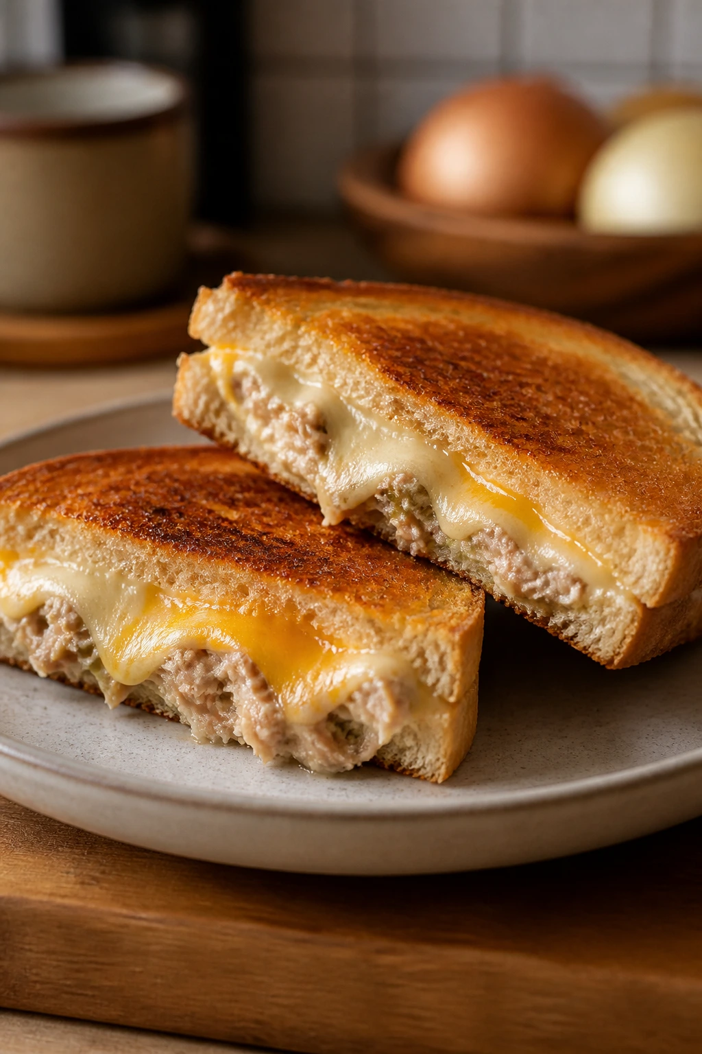 Close-up of tuna melt sandwiches with melted cheese