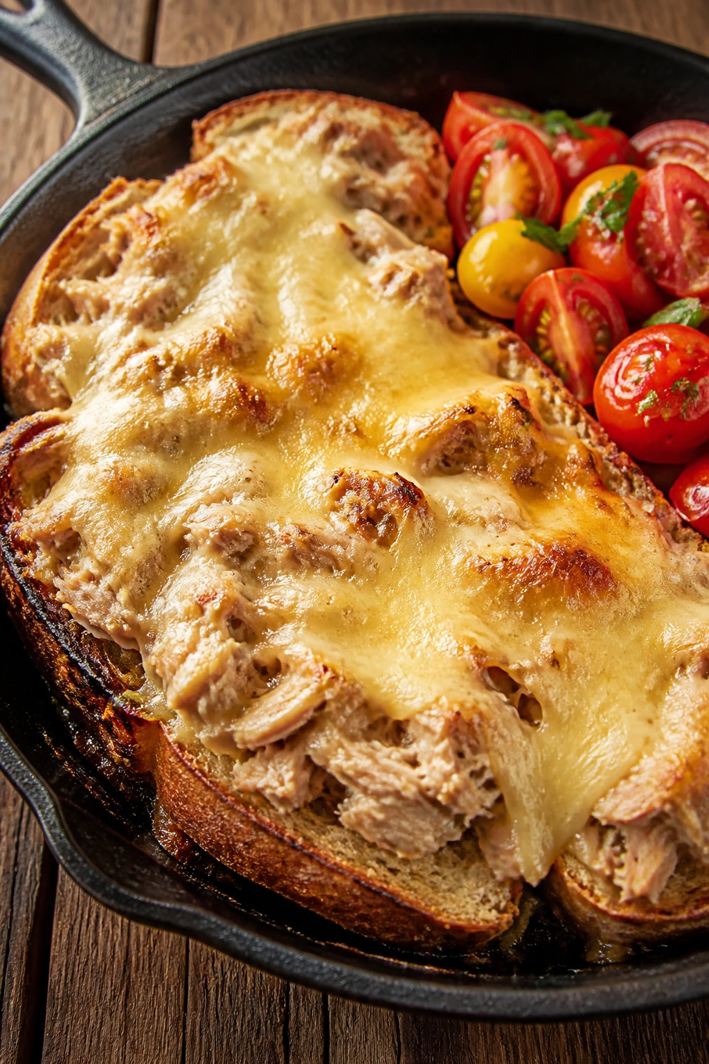 Close-up of tuna melt in a skillet with tomato salad