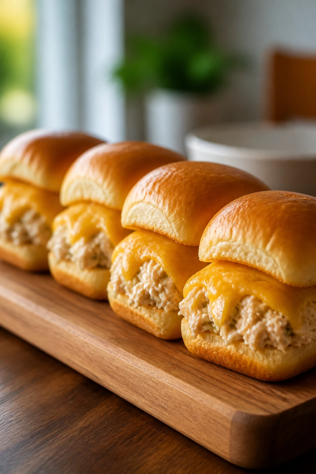 Tuna melt sliders on a wooden board in a cozy kitchen