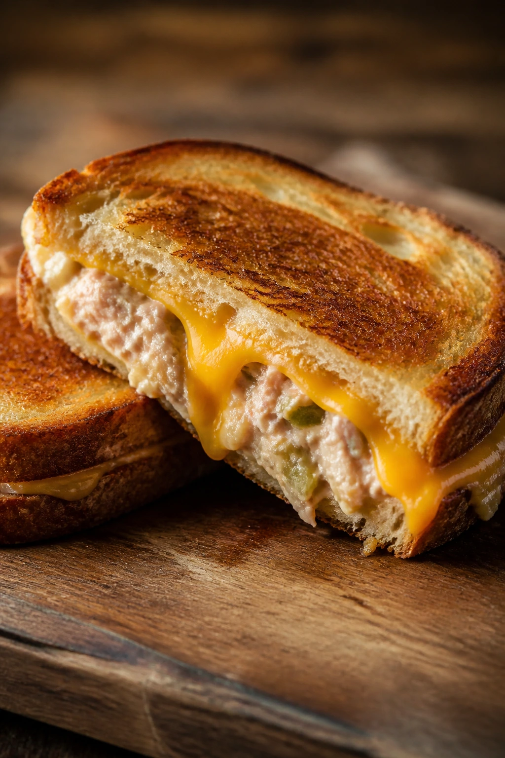 Close-up of tuna melt on sourdough with melted cheddar