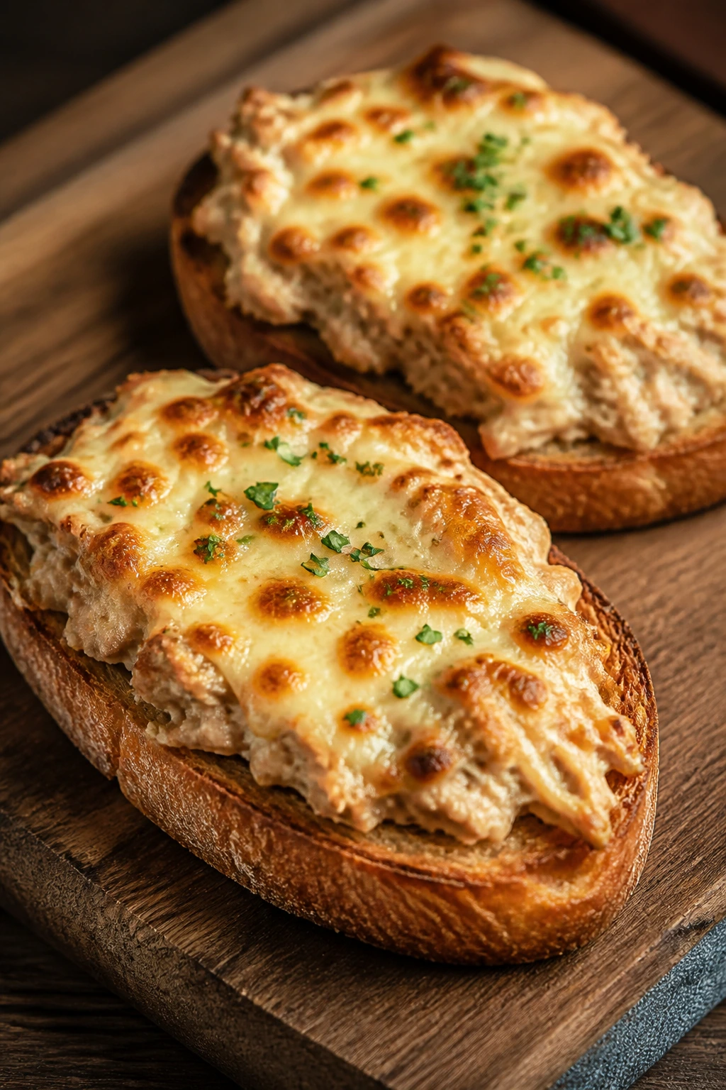 Close-up of tuna melt on toast with melted cheese