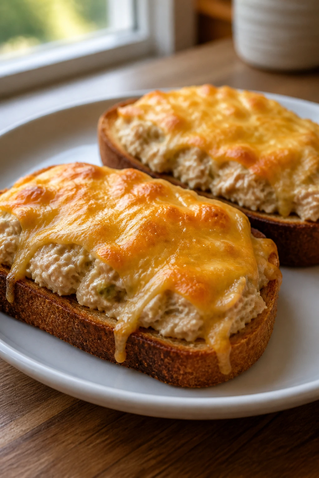 Two tuna melt toasts on plate with bubbling cheese topping in warm kitchen