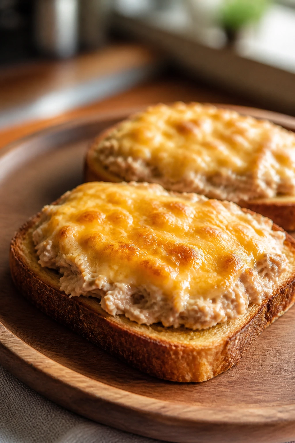 Open-faced tuna melt on toast with melted cheddar