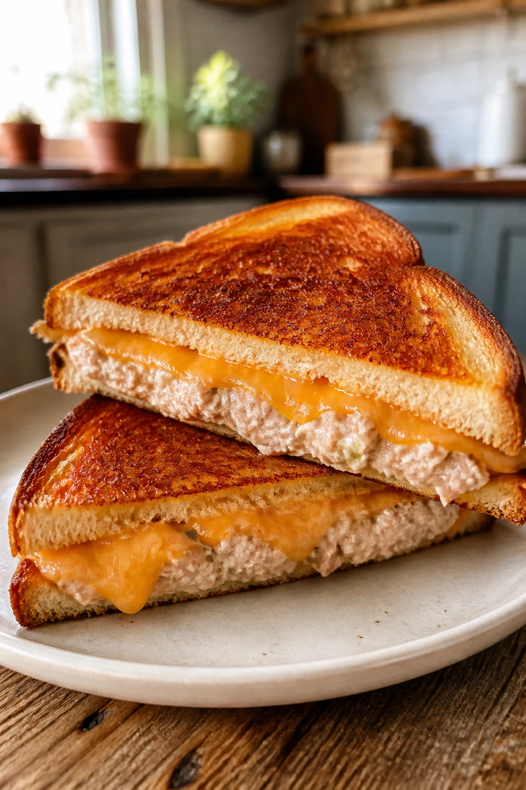 Toasted tuna melt sandwich cut diagonally showing tuna filling and melted cheese