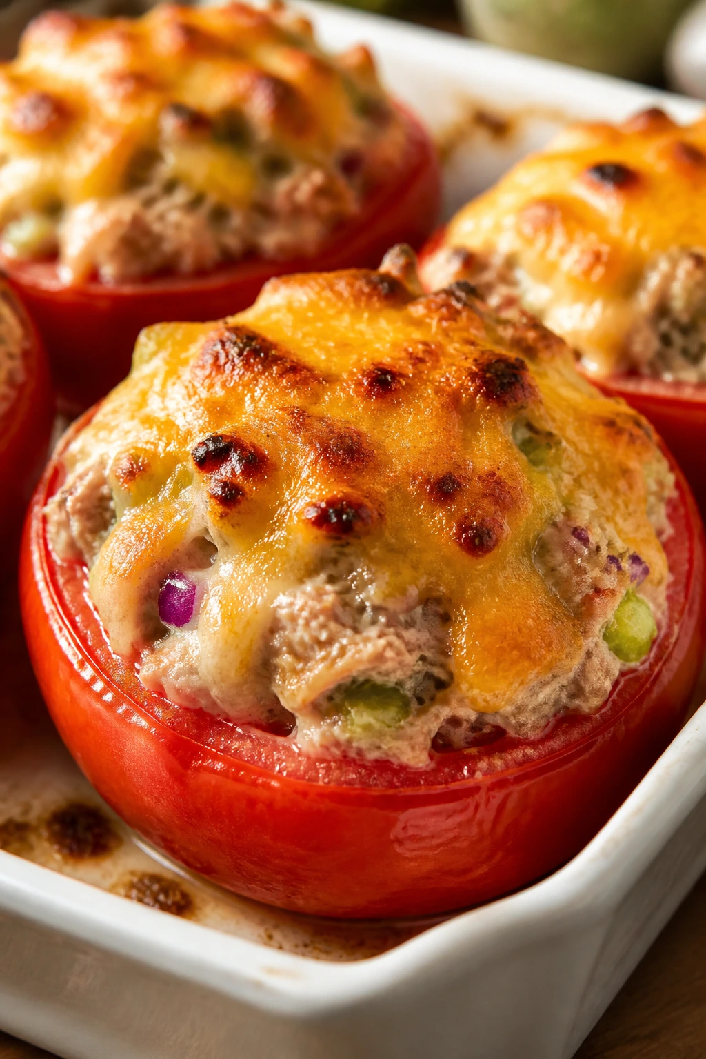 Close-up of a stuffed tomato with tuna salad and melted cheddar