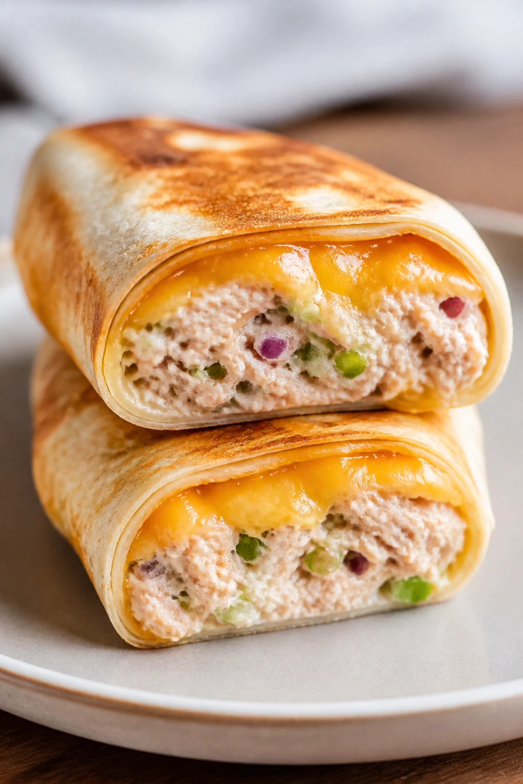 Close-up of a tuna melt wrap cut in half on a plate.