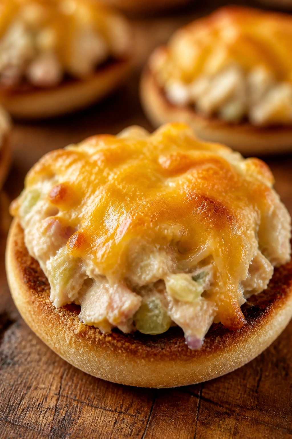 Close-up of Tuna Melts on English Muffins with melted cheese