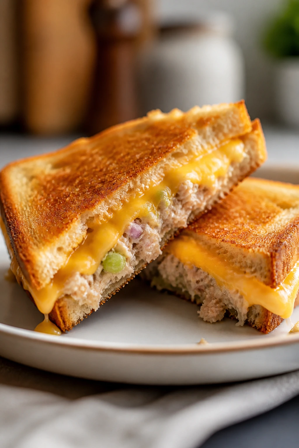 Tuna melts sandwich with melted cheese on toasted bread