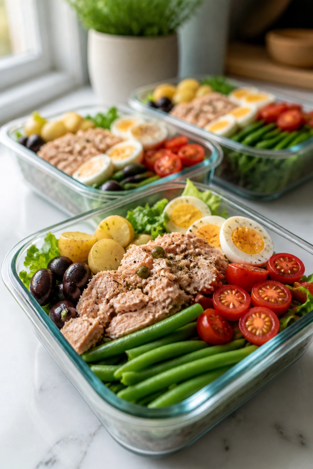 Open lunch box with tuna niçoise ingredients arranged