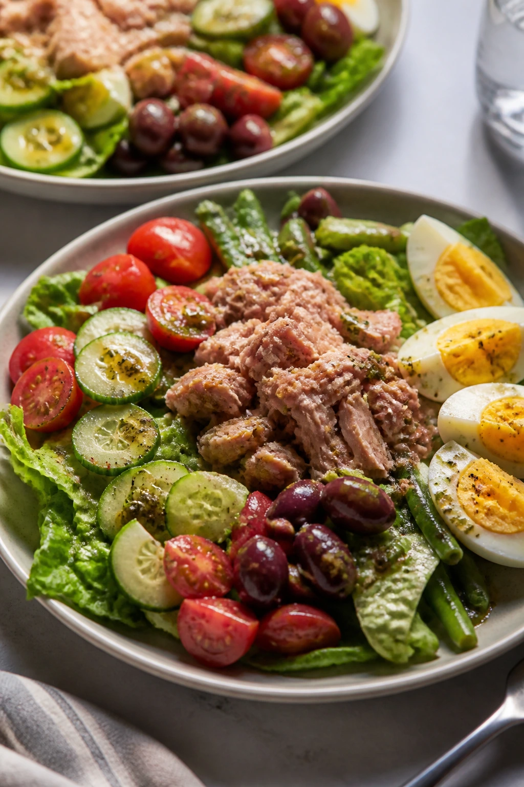 Plate of Tuna Niçoise with tuna, eggs, olives and vegetables