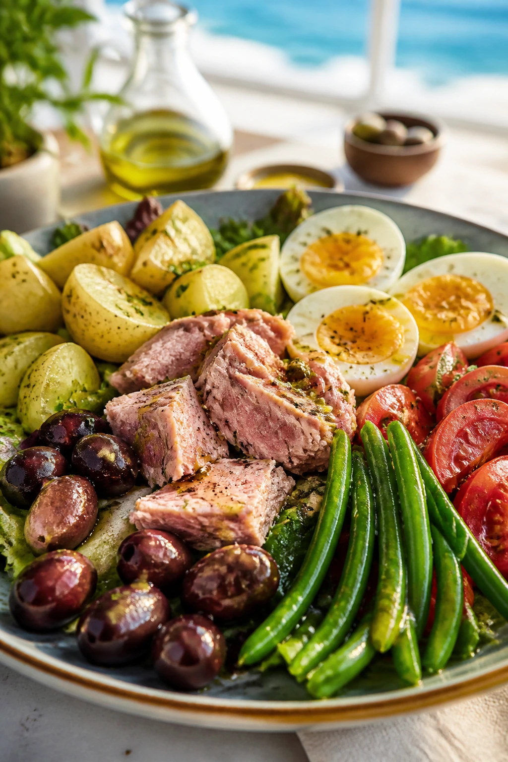 Close-up of niçoise-inspired tuna salad with potatoes, green beans, olives, and eggs