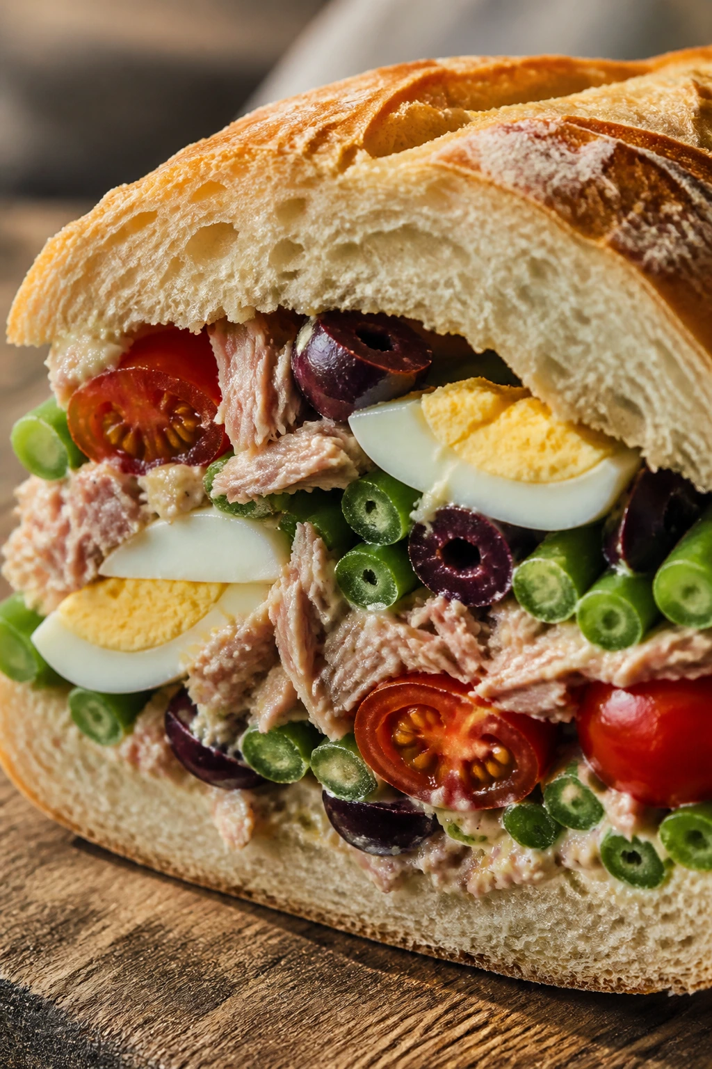 Cross-section of tuna niçoise style sandwich with eggs and olives