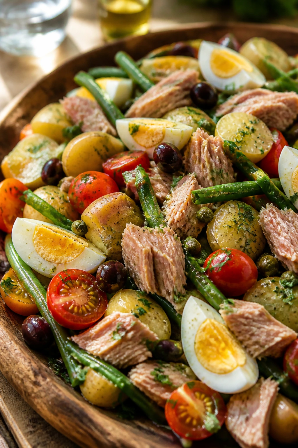 Tuna Niçoise-style salad on a rustic platter with vegetables