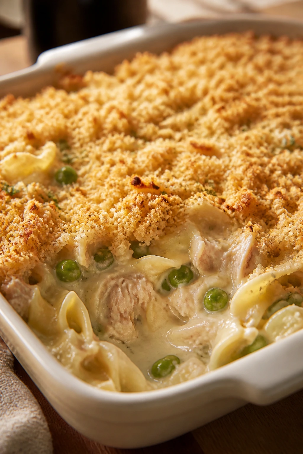 Tuna noodle bake with breadcrumb topping in a baking dish