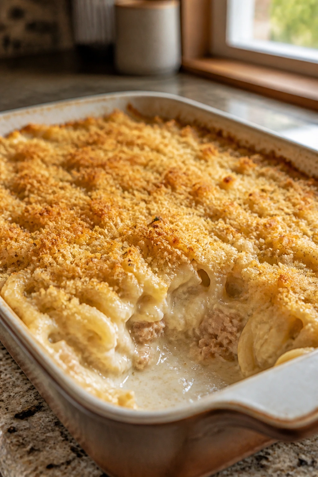 Close-up of tuna noodle bake with creamy sauce and crispy breadcrumb topping in a baking dish