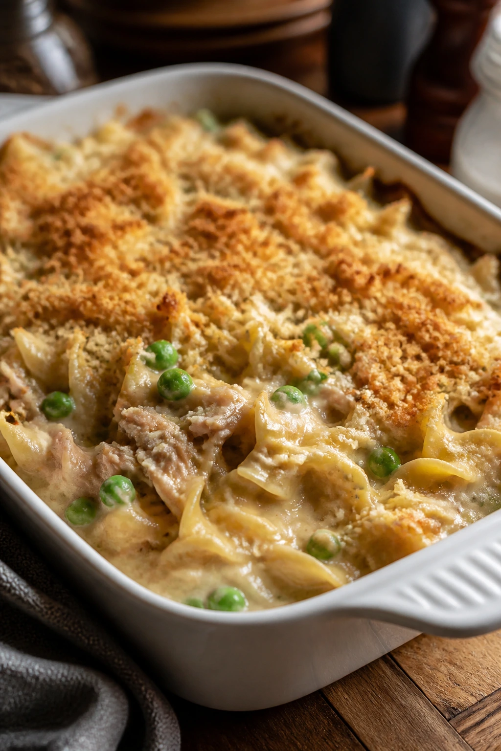 Close-up of tuna noodle casserole with peas and breadcrumbs