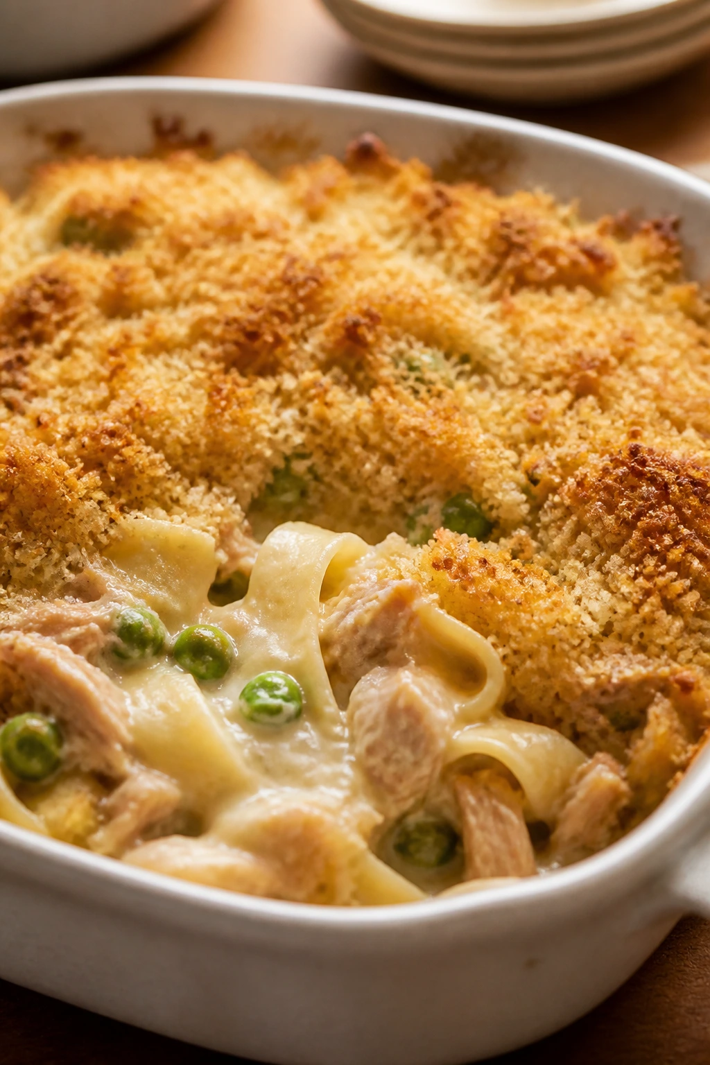 Creamy tuna noodle casserole with golden breadcrumb crust