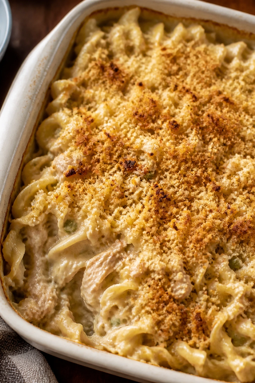 Creamy tuna noodle casserole with browned top in baking dish