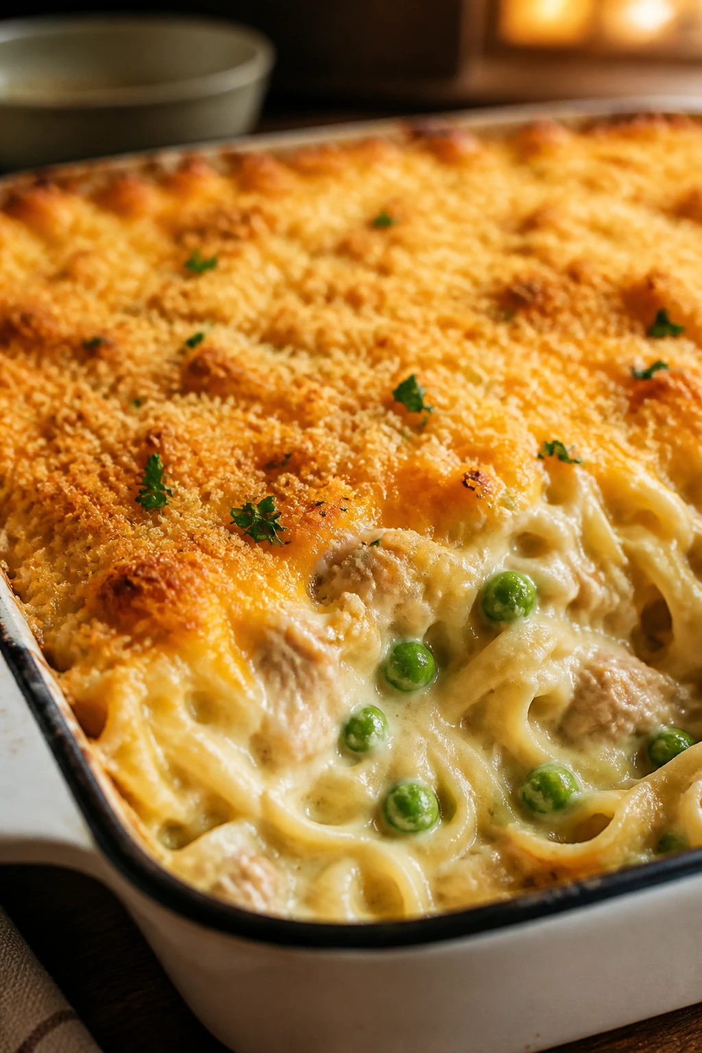 Close up of tuna noodle casserole with a cheesy top in a baking dish