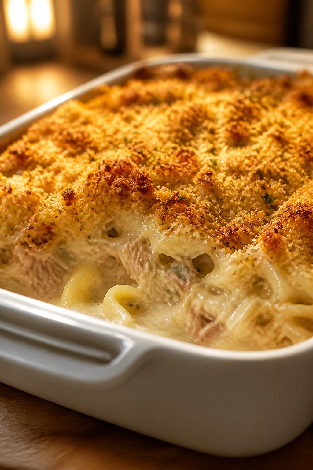 Close-up of tuna noodle casserole with a cheesy crust fresh from the oven