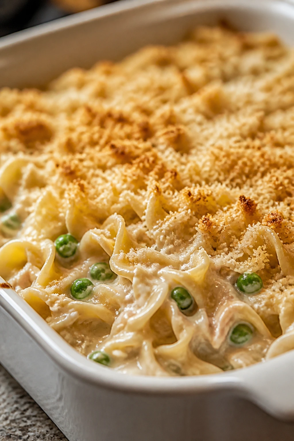 Creamy tuna noodle casserole in a baking dish