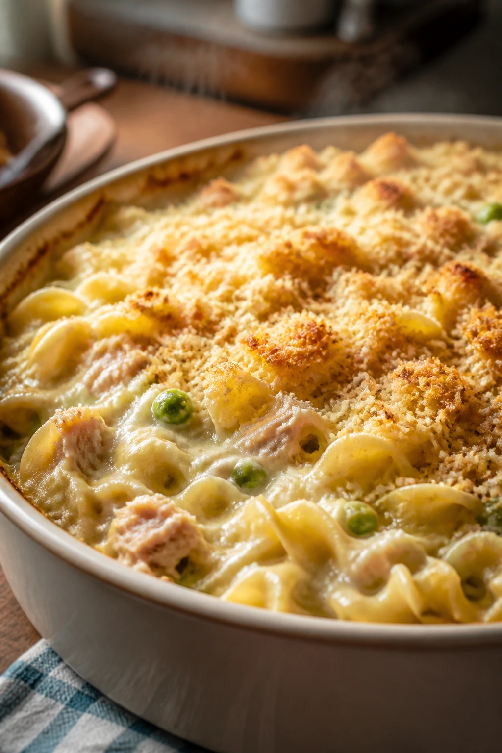 Creamy tuna noodle casserole in a baking dish on a warm kitchen counter