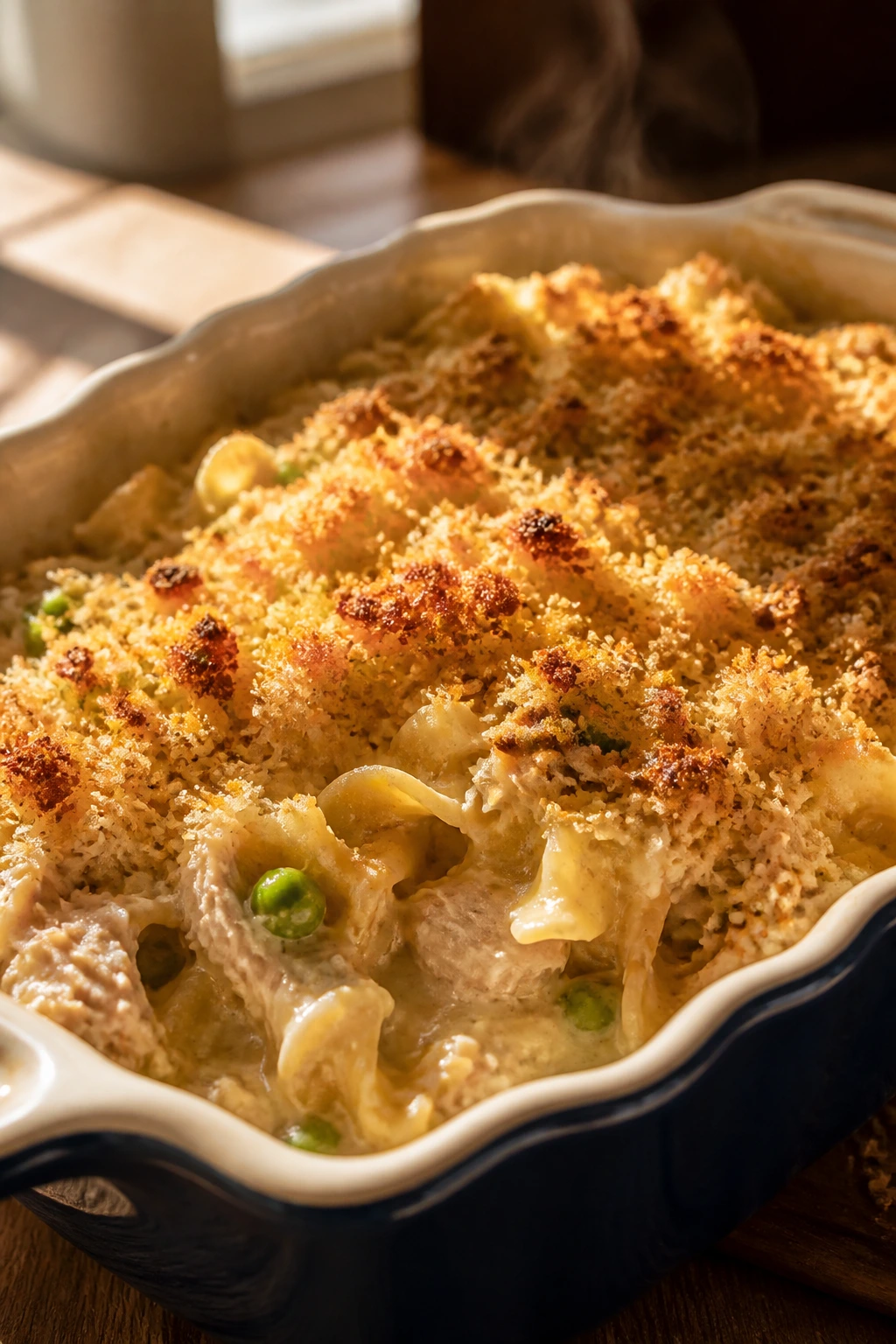 Close-up of tuna noodle casserole in a baking dish with breadcrumb topping