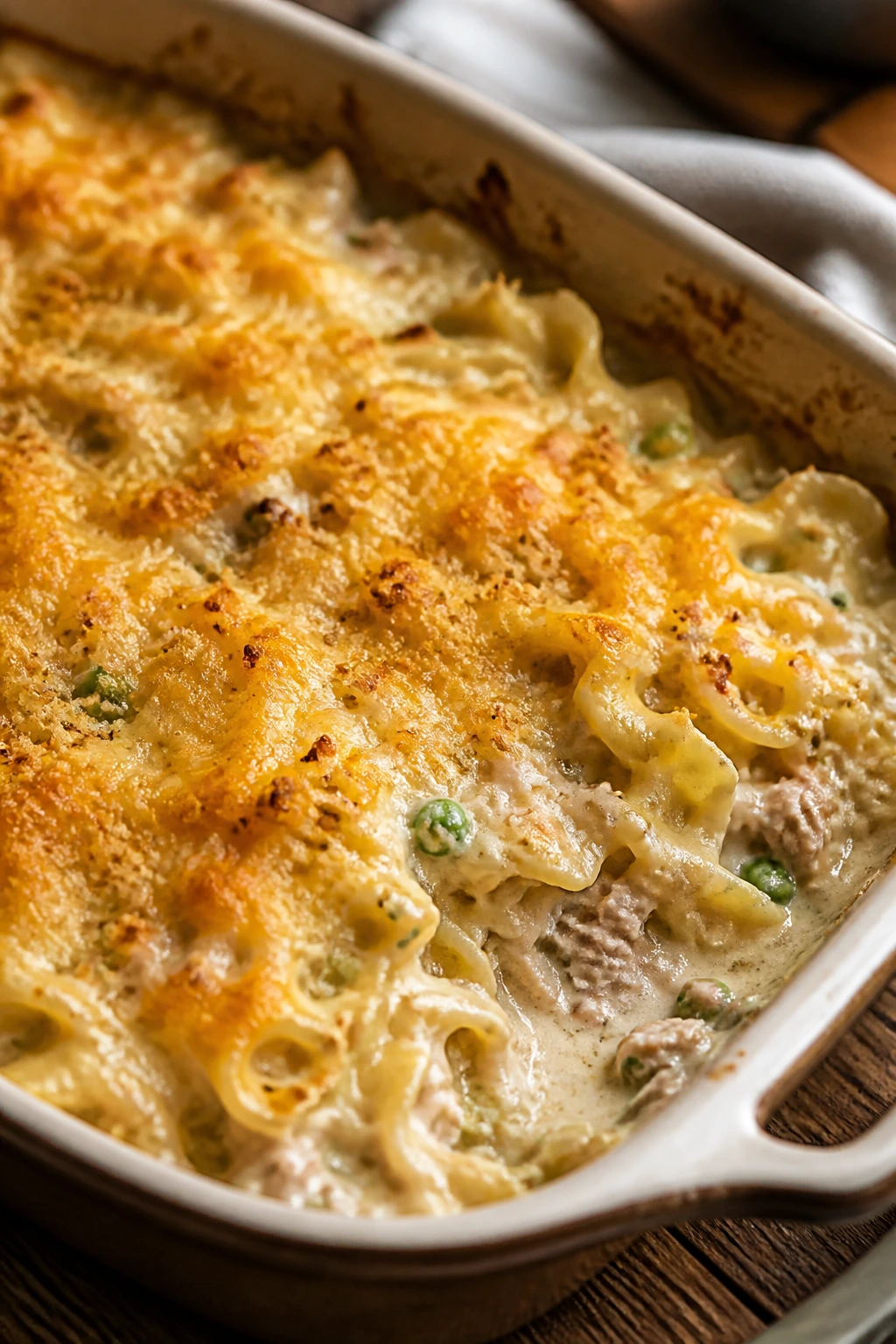 Creamy tuna noodle casserole in a baking dish with melted cheese