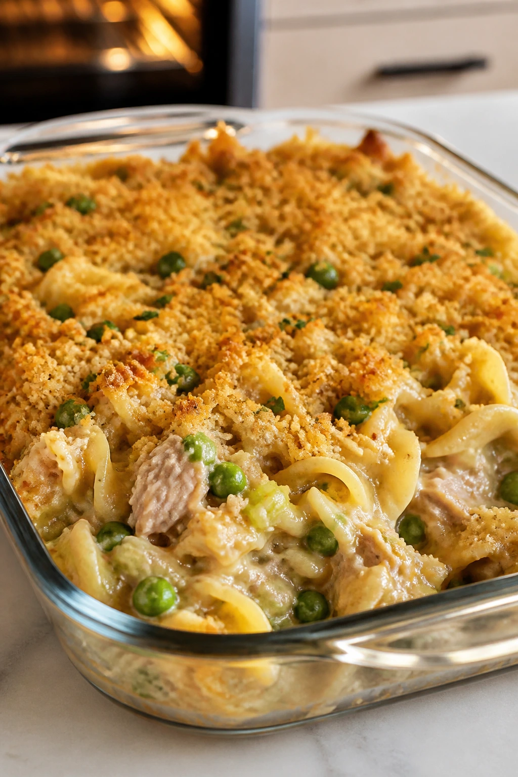 Creamy tuna noodle casserole in a glass baking dish on the counter