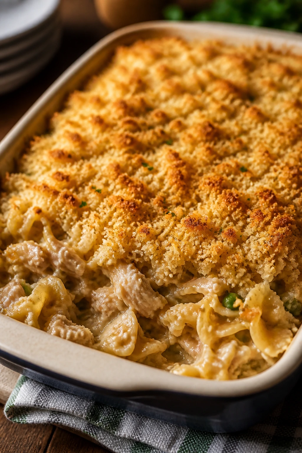Close-up of tuna noodle casserole in a baking dish with breadcrumb topping