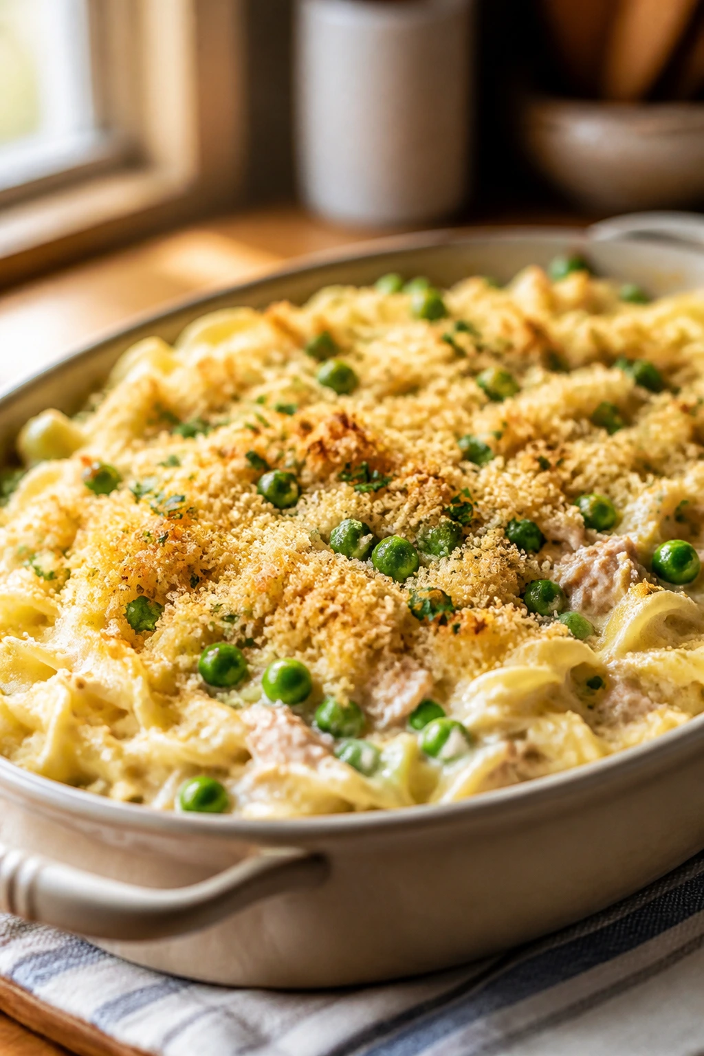 Close-up of tuna noodle casserole in a baking dish with breadcrumbs and peas