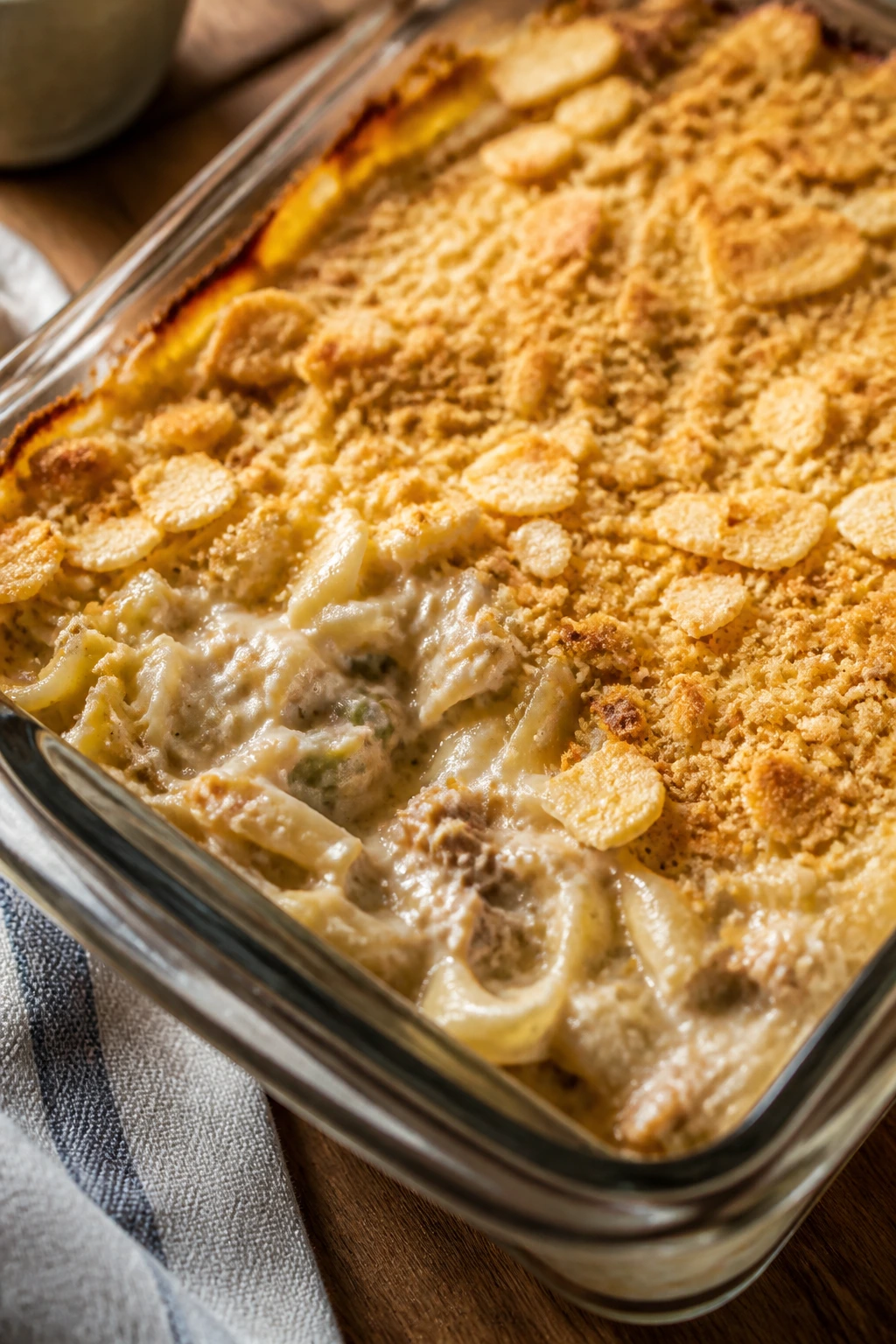 Creamy tuna noodle casserole with cracker topping in a glass dish on a wooden table