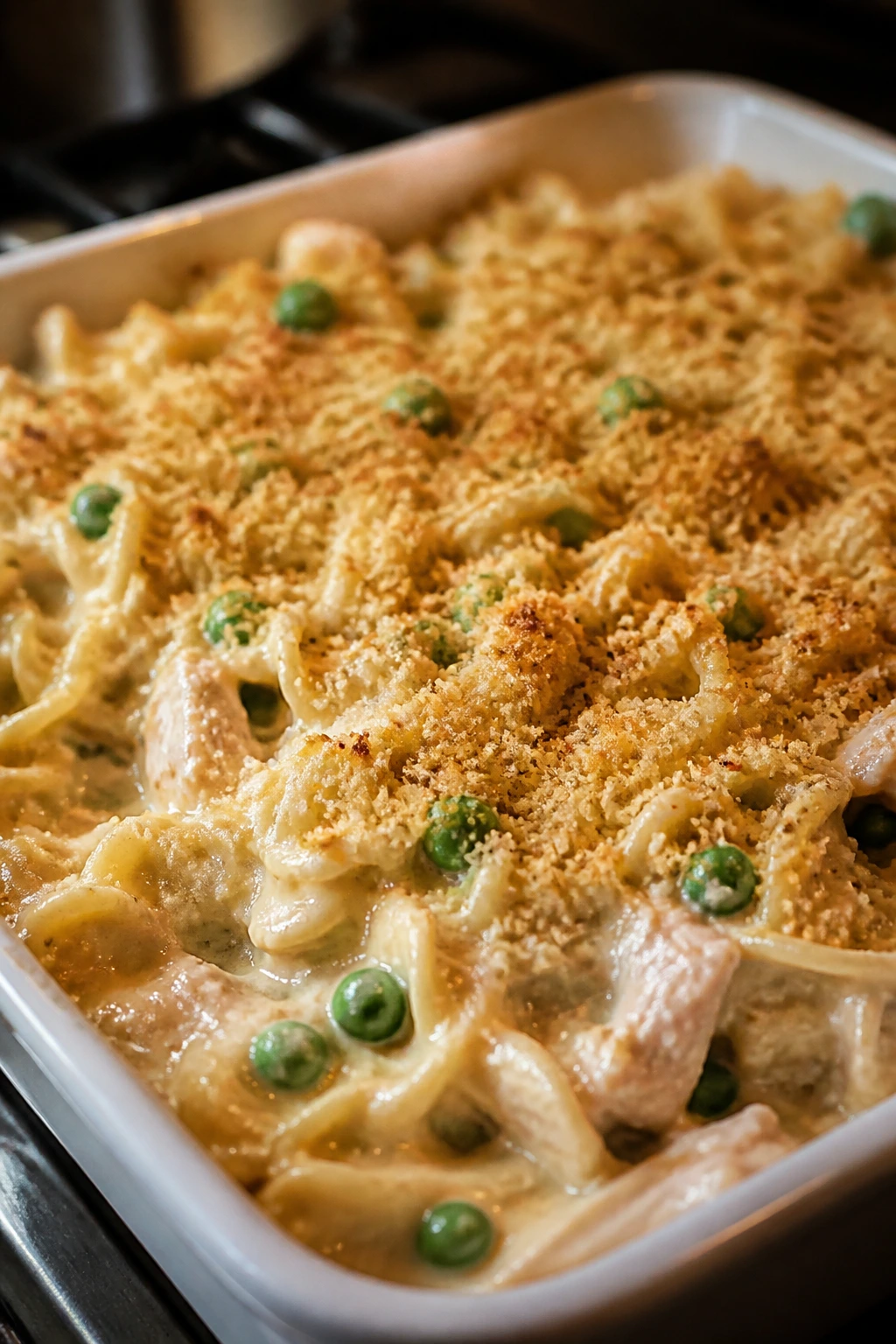 Creamy tuna noodle casserole in baking dish