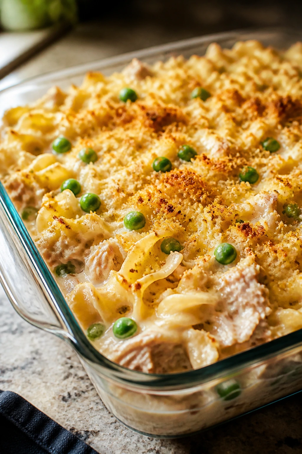 Close-up of creamy tuna noodle casserole in a baking dish with peas and breadcrumbs