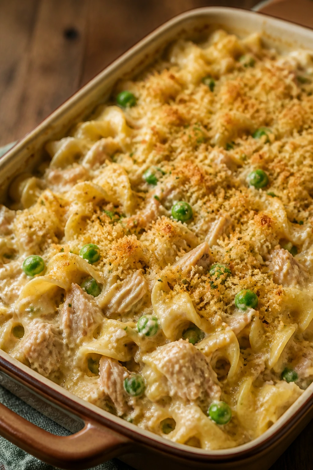 Creamy tuna noodle casserole with peas and breadcrumb topping
