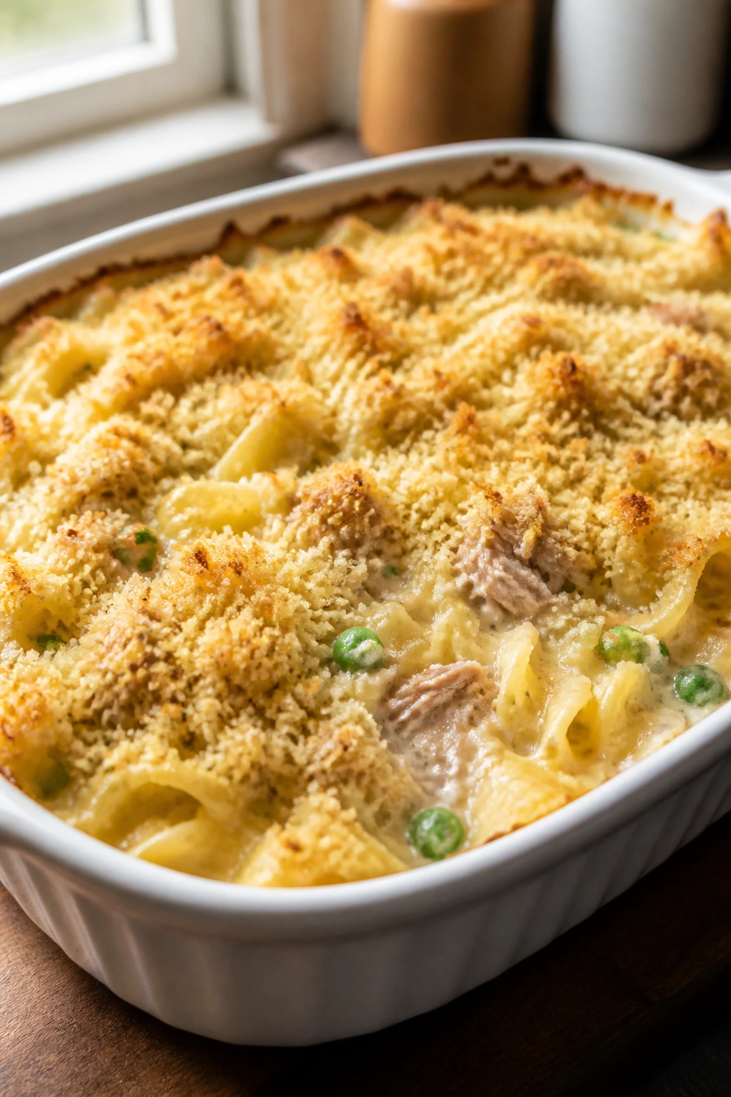 Close-up of bubbly tuna noodle casserole with peas and breadcrumb topping.