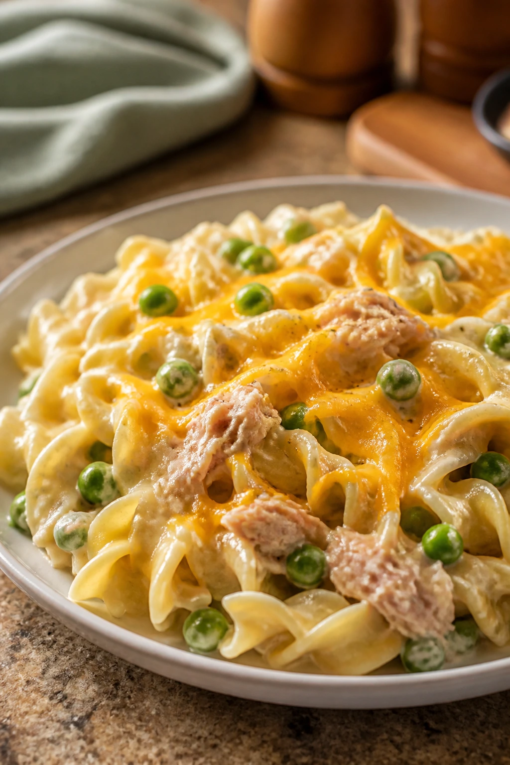 Creamy tuna noodle pasta with peas and cheddar on a plate