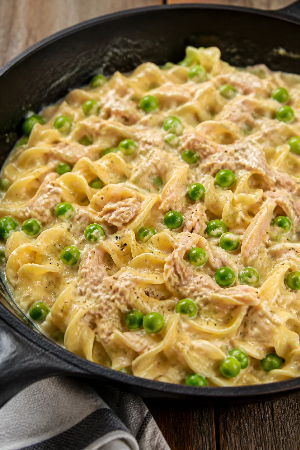 Close-up of tuna noodle skillet in a deep pan with peas