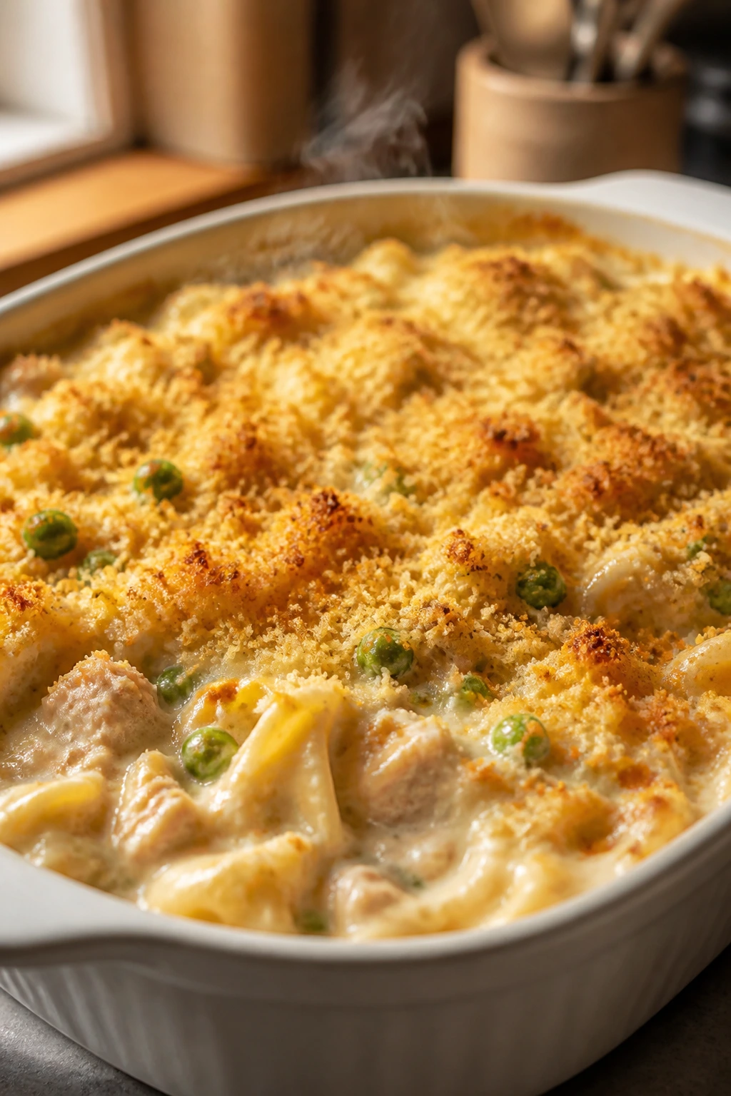 Baked tuna noodle casserole with breadcrumb topping