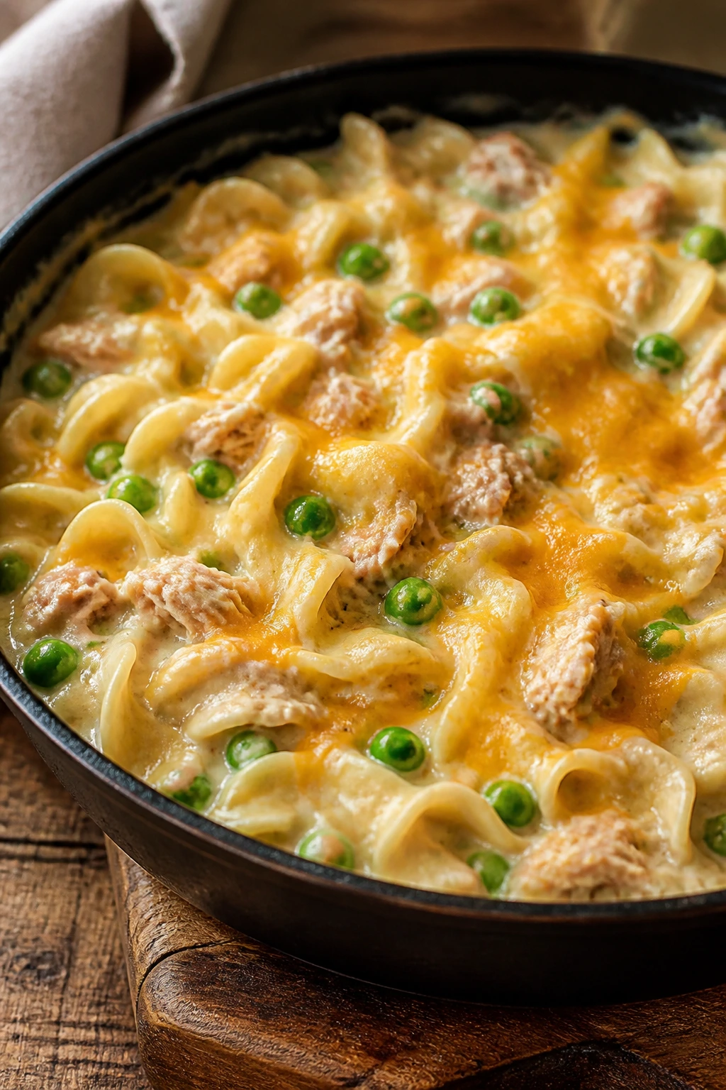 Close-up of creamy tuna noodle skillet with peas in a skillet