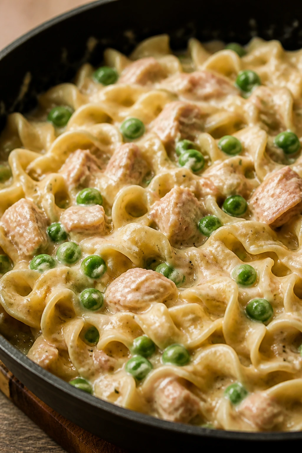 Creamy tuna noodle skillet with peas in a kitchen