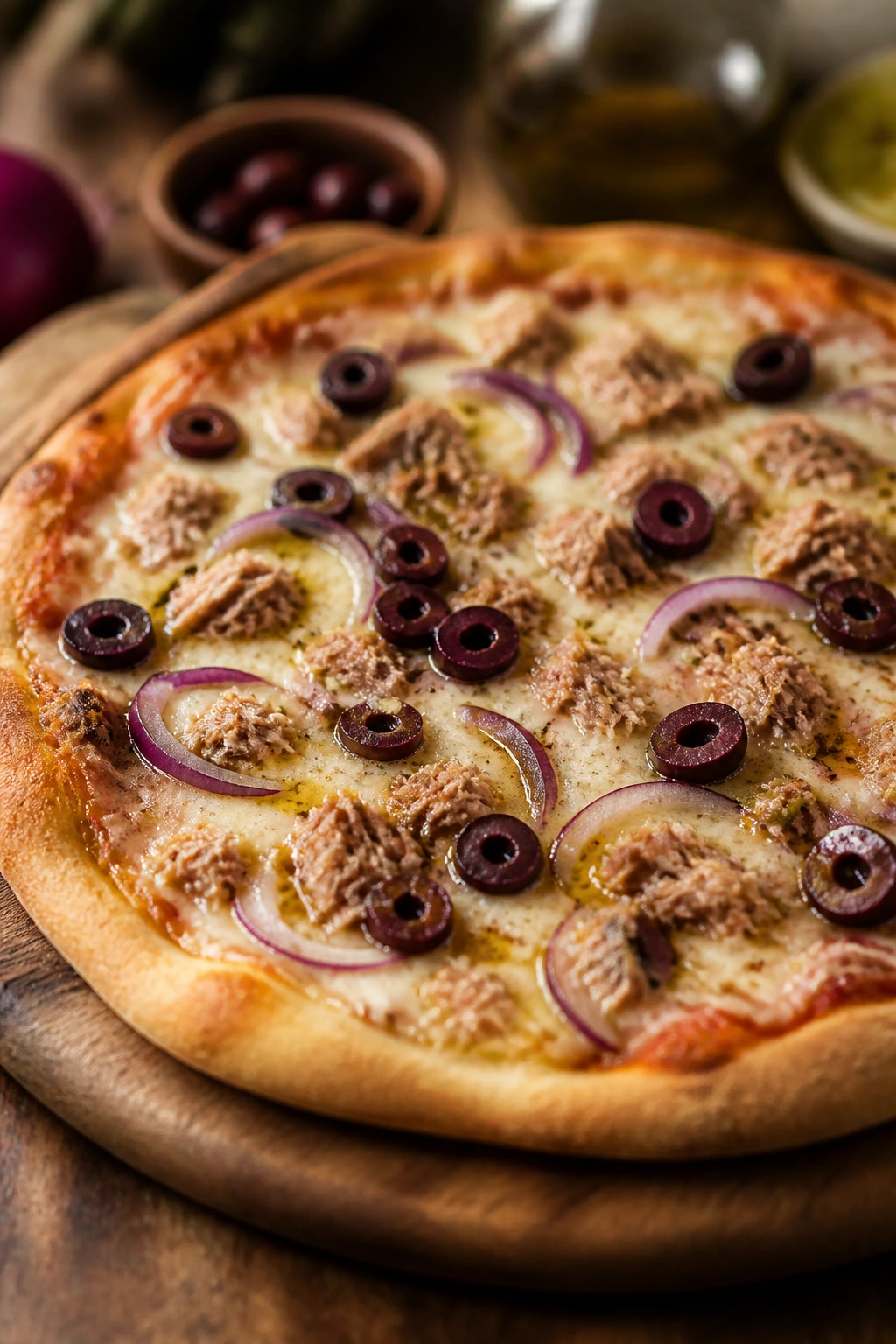 Close-up of Mediterranean tuna-olive-onion pizza on wooden board